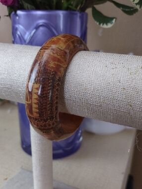 Vintage Brown Patterned Wooden Bangle Bracelet